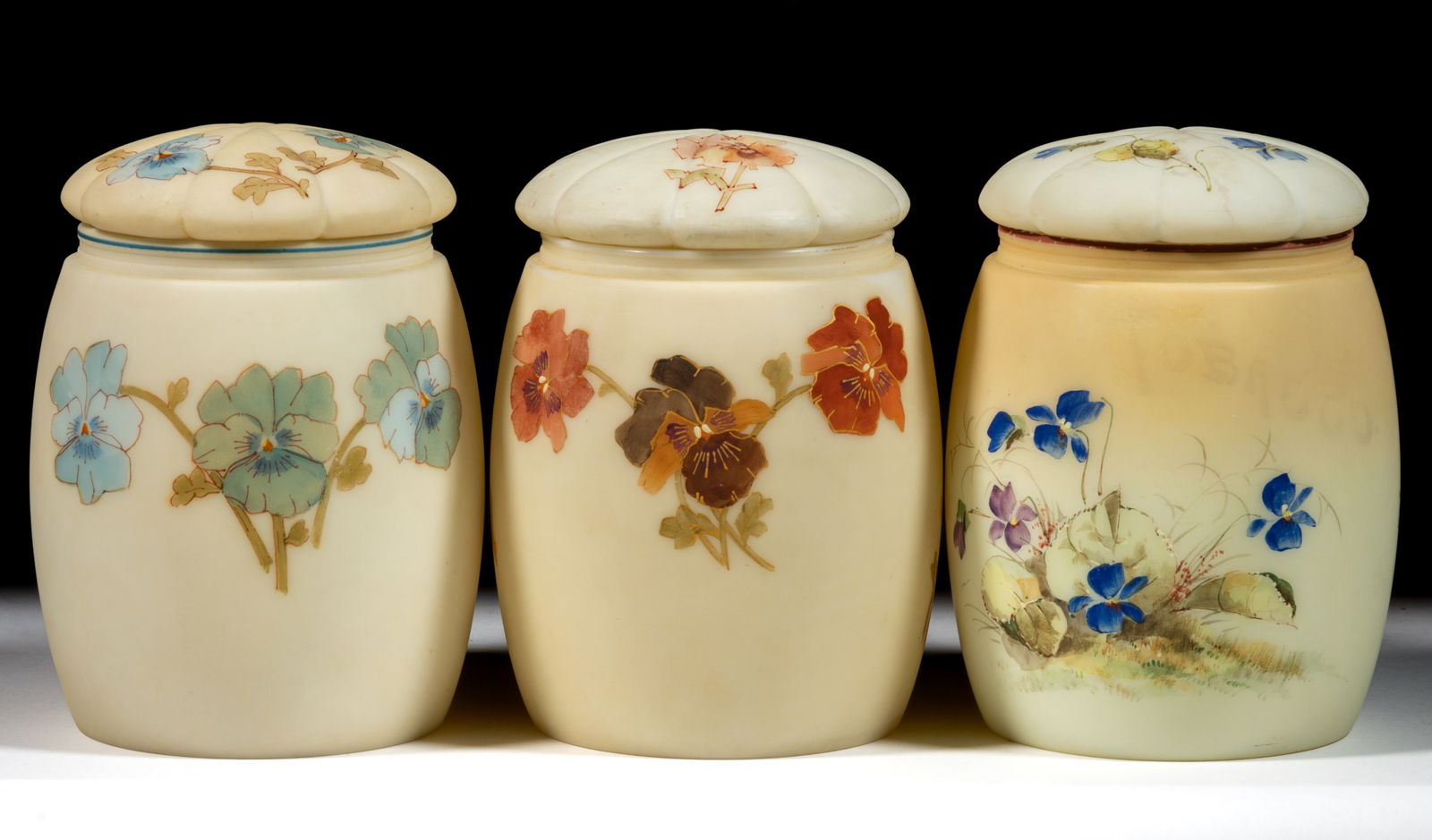 SMITH BROS. DECORATED OPAL ART GLASS TOBACCO / CIGAR JARS, LOT OF THREE (1 of 1)