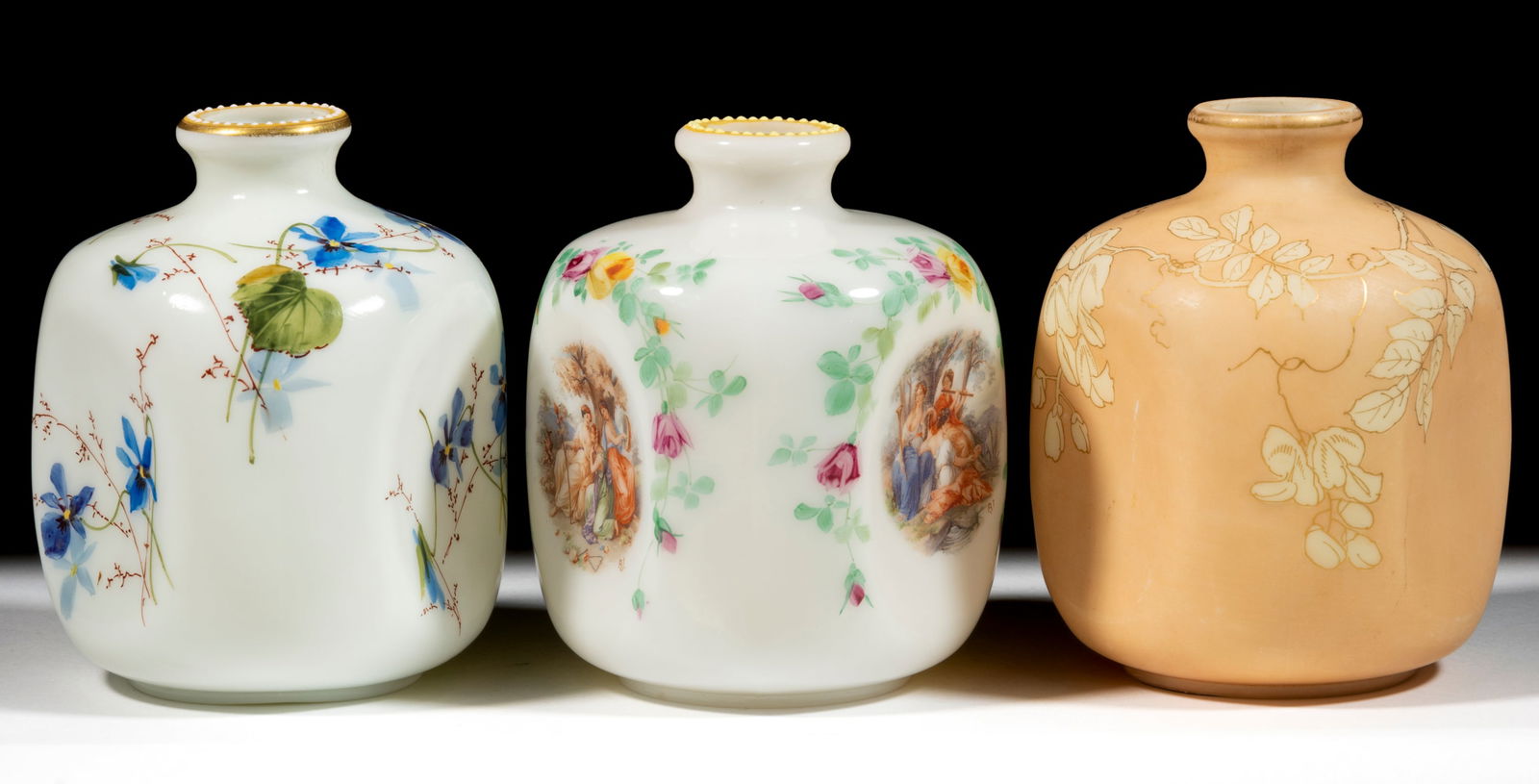 SMITH BROTHERS DECORATED OPAL ART GLASS PINCH VASES, LOT OF THREE (1 of 1)