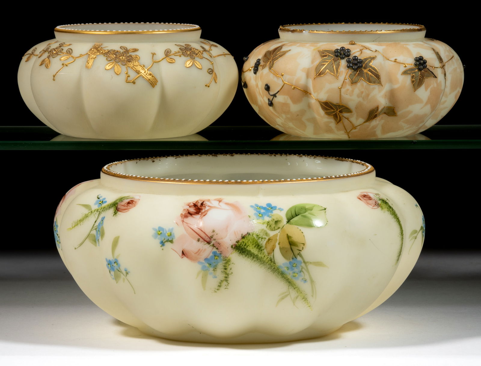 SMITH BROTHERS DECORATED OPAL ART GLASS BOWLS / VIOLET HOLDERS, LOT OF THREE (1 of 1)