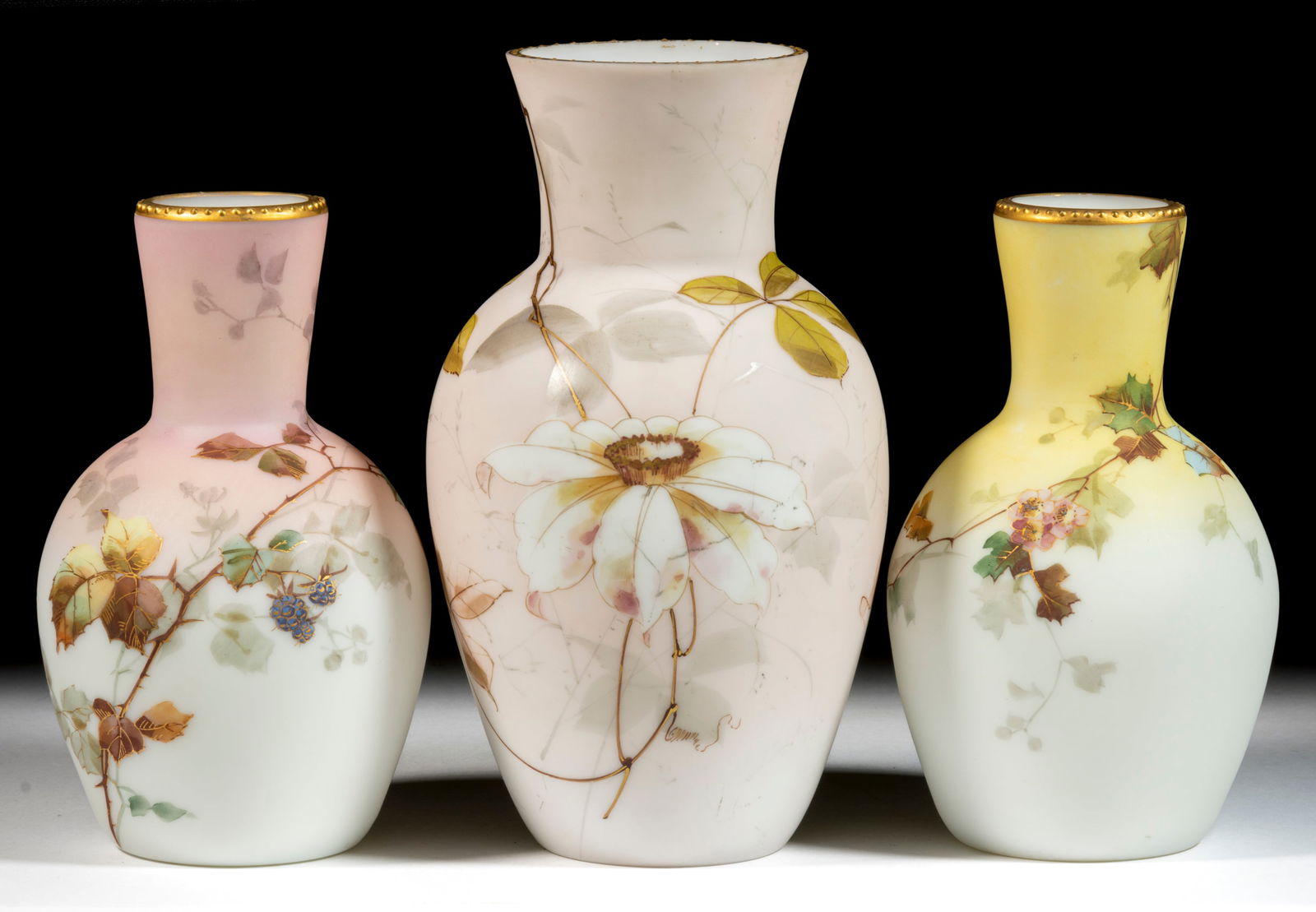 SMITH BROS. ENAMEL-DECORATED OPAL ART GLASS VASES, LOT OF THREE (1 of 1)