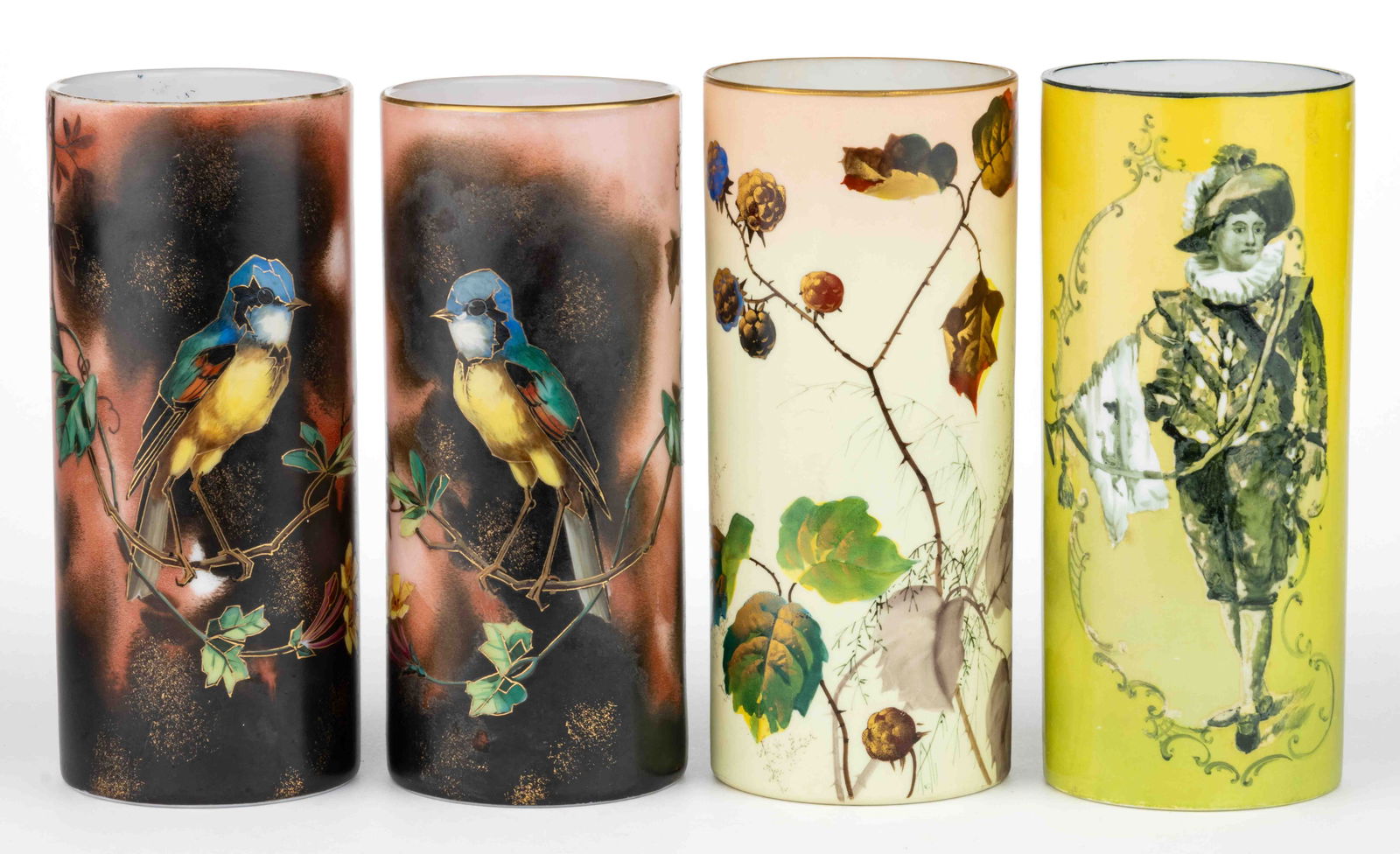 ENAMEL-DECORATED OPAL ART GLASS CYLINDER VASES, LOT OF FOUR (1 of 1)