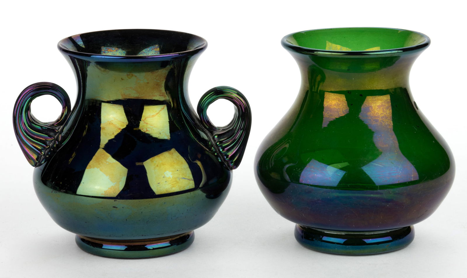 MT. WASHINGTON BRONZE / IRIDESCENT ART GLASS VASES, LOT OF TWO (1 of 1)