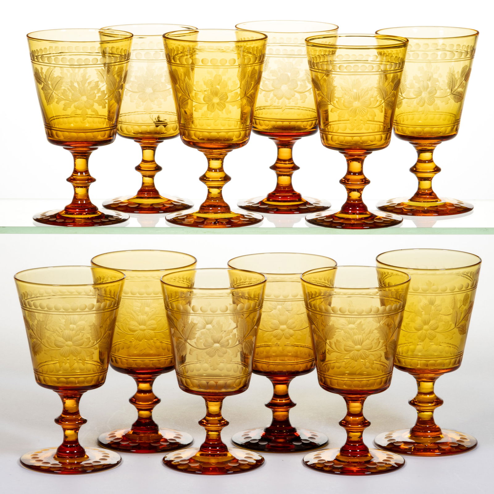 STEUBEN ATTRIBUTED ENGRAVED ART GLASS GOBLETS, SET OF 12 (1 of 1)