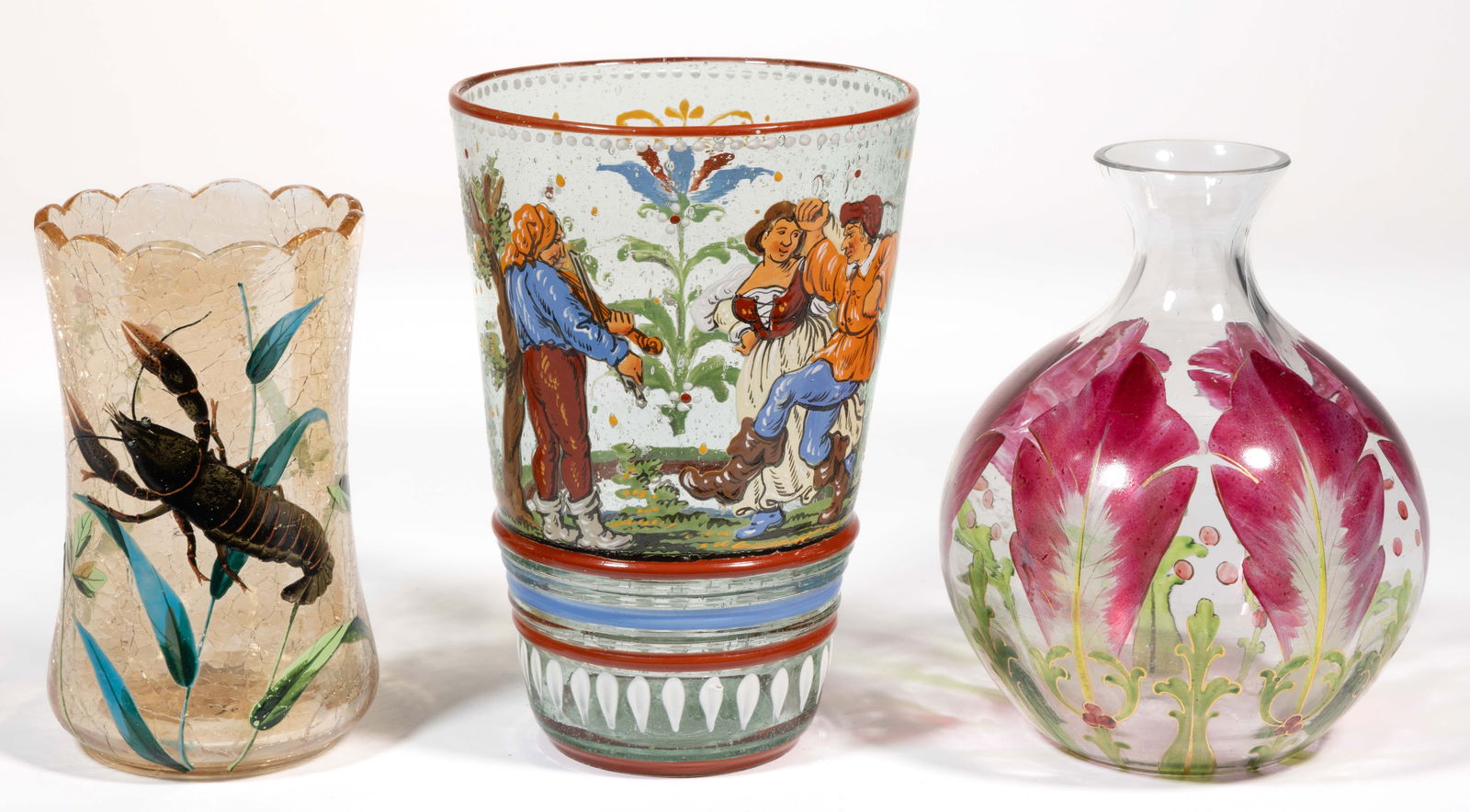 BOHEMIAN ENAMEL-DECORATED ART GLASS ARTICLES, LOT OF THREE (1 of 2)