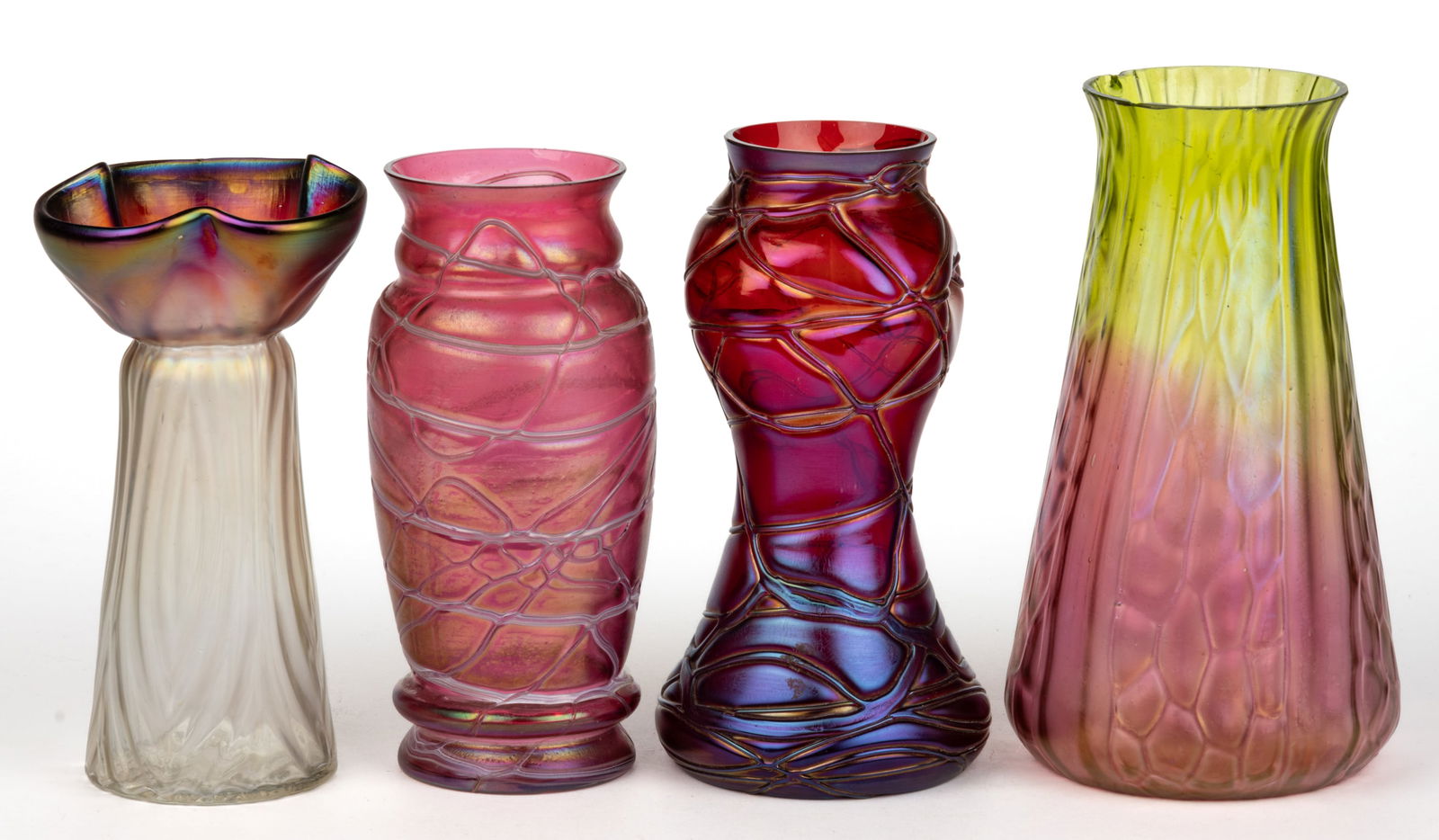 BOHEMIAN IRIDESCENT ART GLASS VASES, LOT OF FOUR (1 of 1)