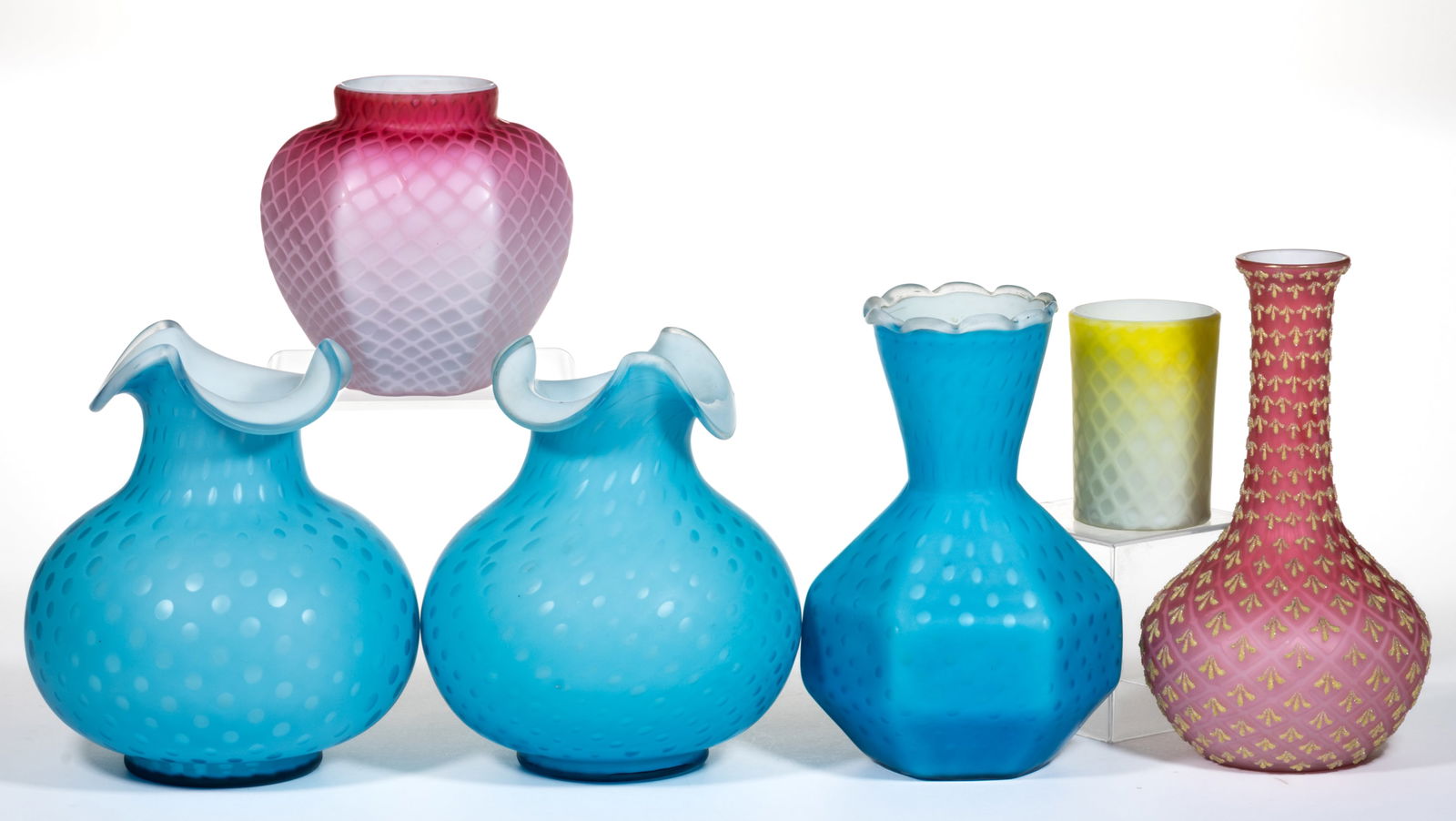 ASSORTED VICTORIAN AIR-TRAP MOTHER-OF-PEARL SATIN ART GLASS ARTICLES, LOT OF SIX (1 of 1)