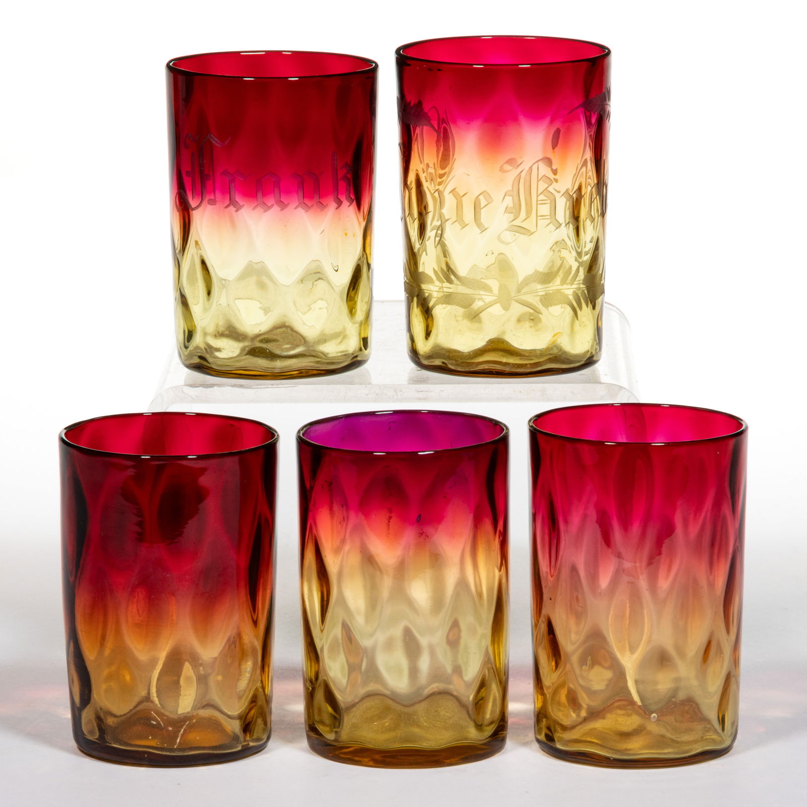 VICTORIAN AMBERINA DIAMOND-OPTIC ART GLASS TUMBLERS, LOT OF FIVE (1 of 1)