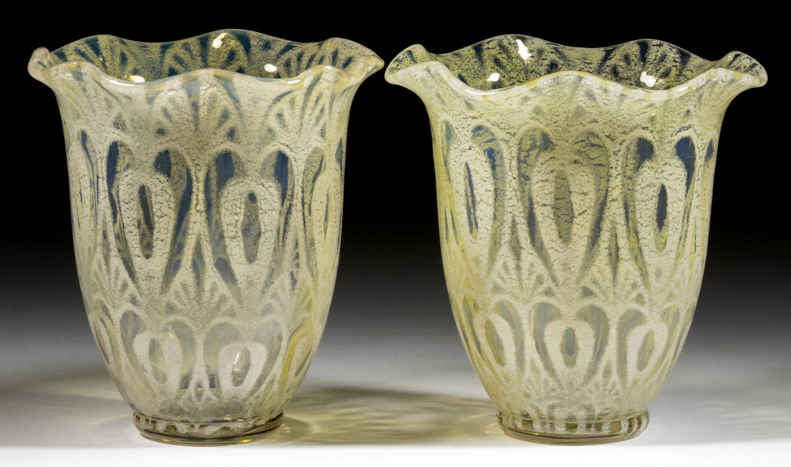 PAIR OF ENGLISH YELLOW OPALESCENT AIR-TRAP ART GLASS VASES (1 of 1)