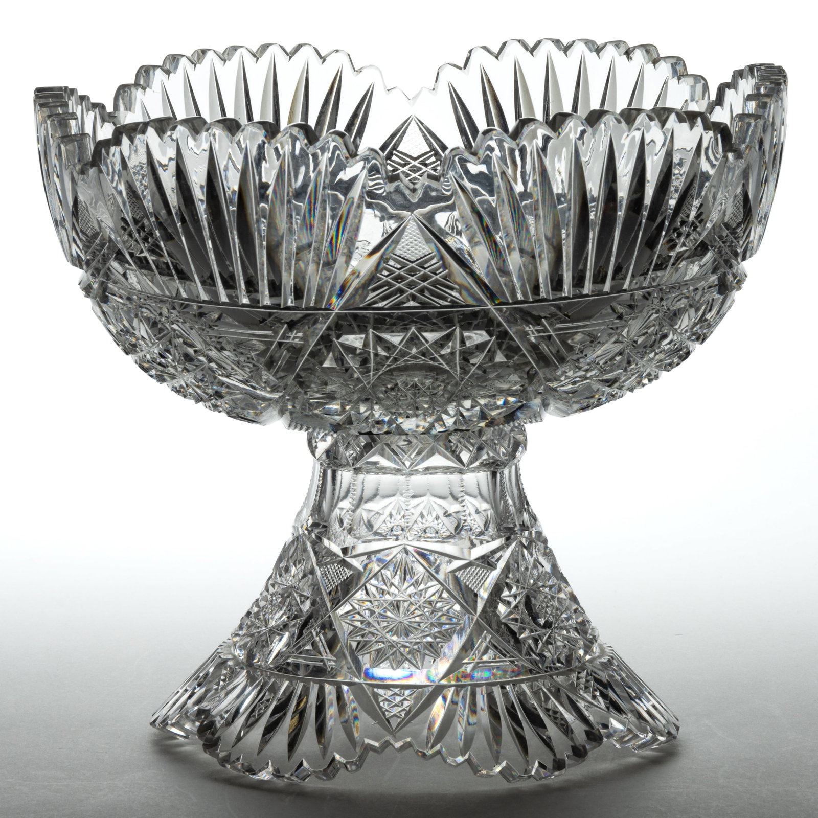 AMERICAN BRILLIANT-STYLED CUT GLASS TWO-PIECE PUNCH BOWL: AMERICAN BRILLIANT-STYLED CUT GLASS TWO-PIECE PUNCH BOWL, colorless, the hemispherical bowl fitting into a flaring pedestal base, each cut with Hobstars and small diamond-point spears between Fans mot