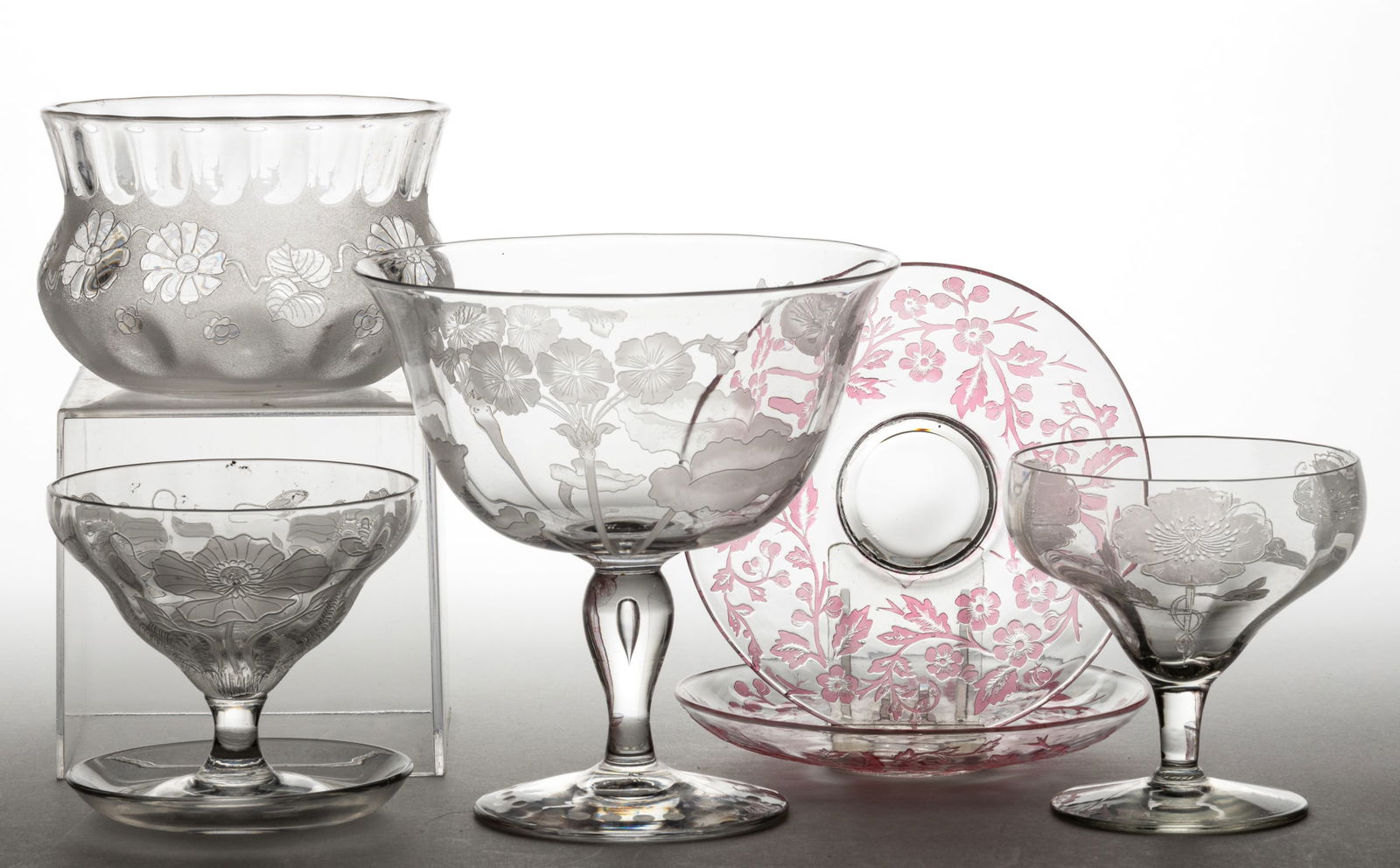 ASSORTED ACID-ETCHED ART GLASS TABLE ARTICLES, LOT OF SIX (1 of 2)