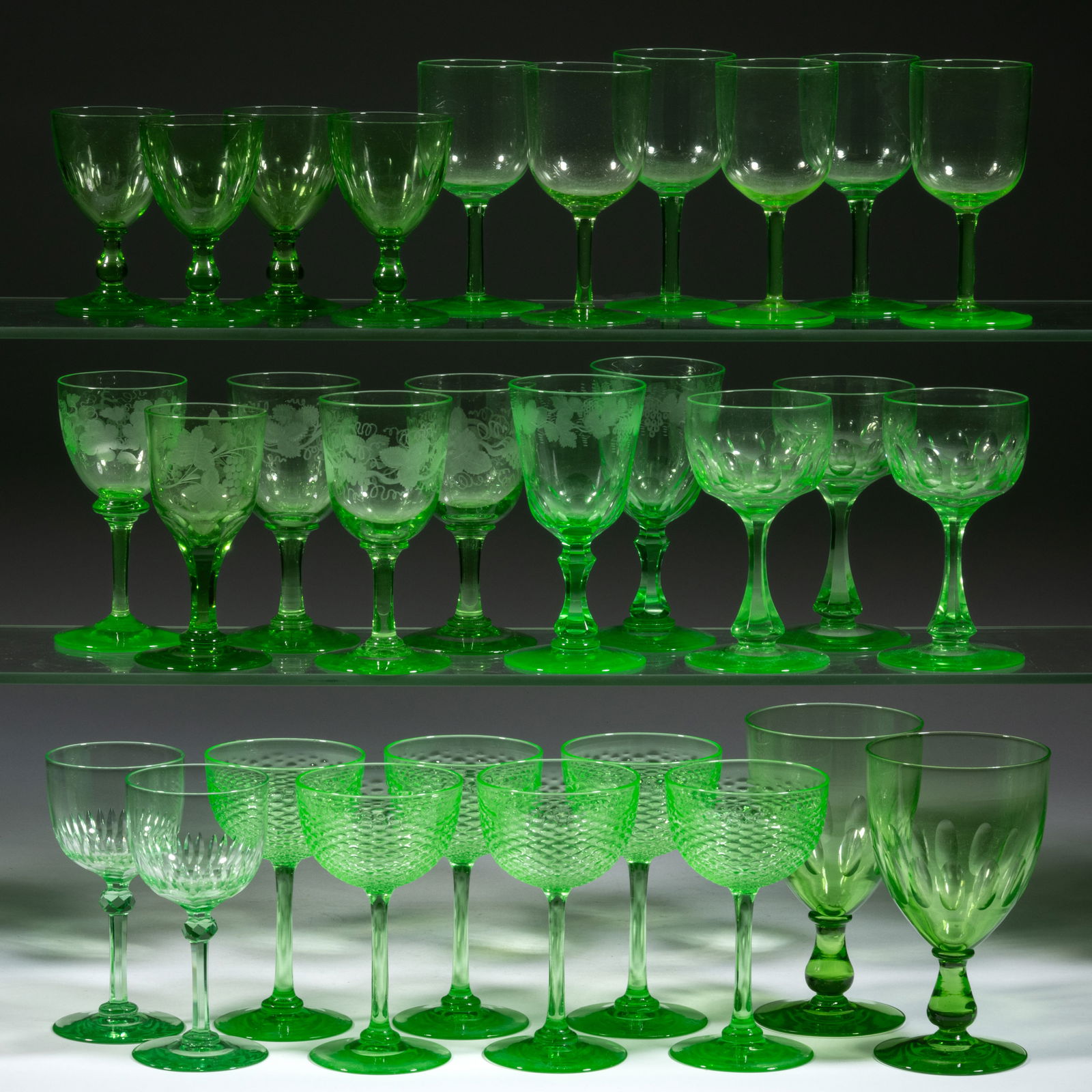 ASSORTED URANIUM GLASS WINES / DRINKING ARTICLES, UNCOUNTED LOT (1 of 1)