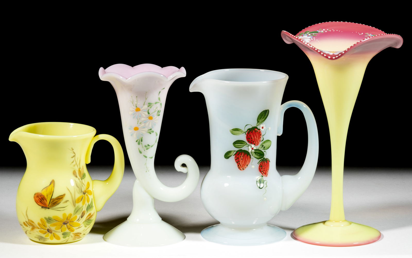 BRYDEN / PAIRPOINT ENAMEL-DECORATED ART GLASS ARTICLES, LOT OF FOUR (1 of 1)