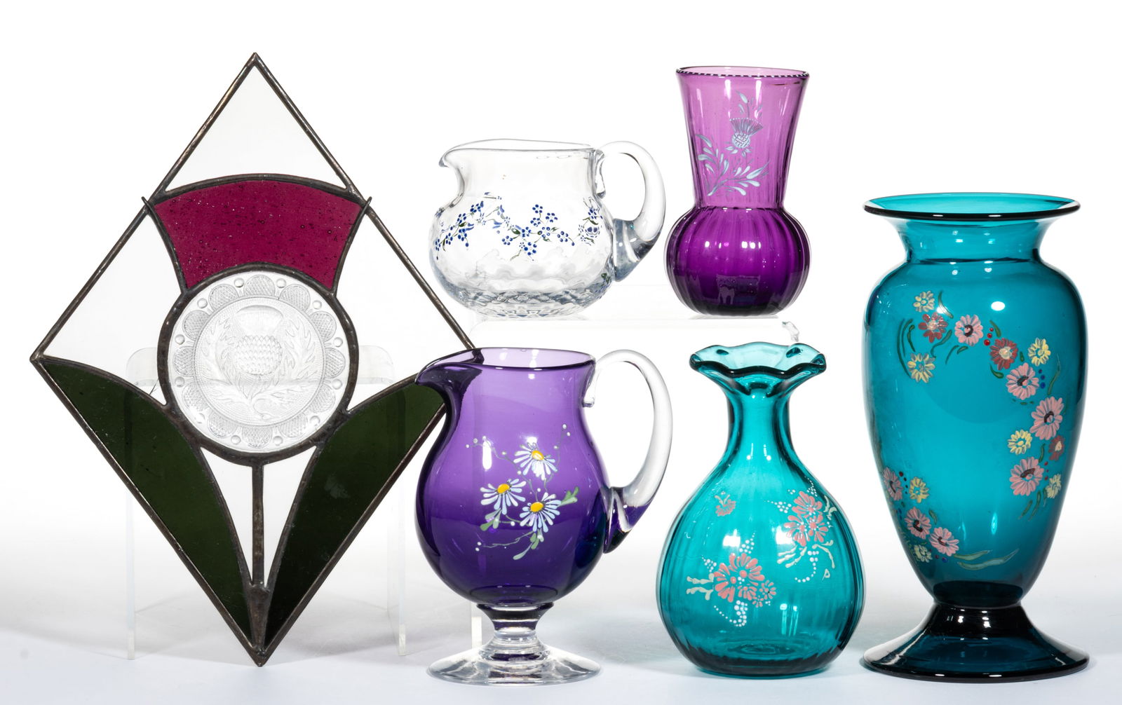 BRYDEN / PAIRPOINT ENAMEL-DECORATED ART GLASS ARTICLES, LOT OF FIVE (1 of 1)