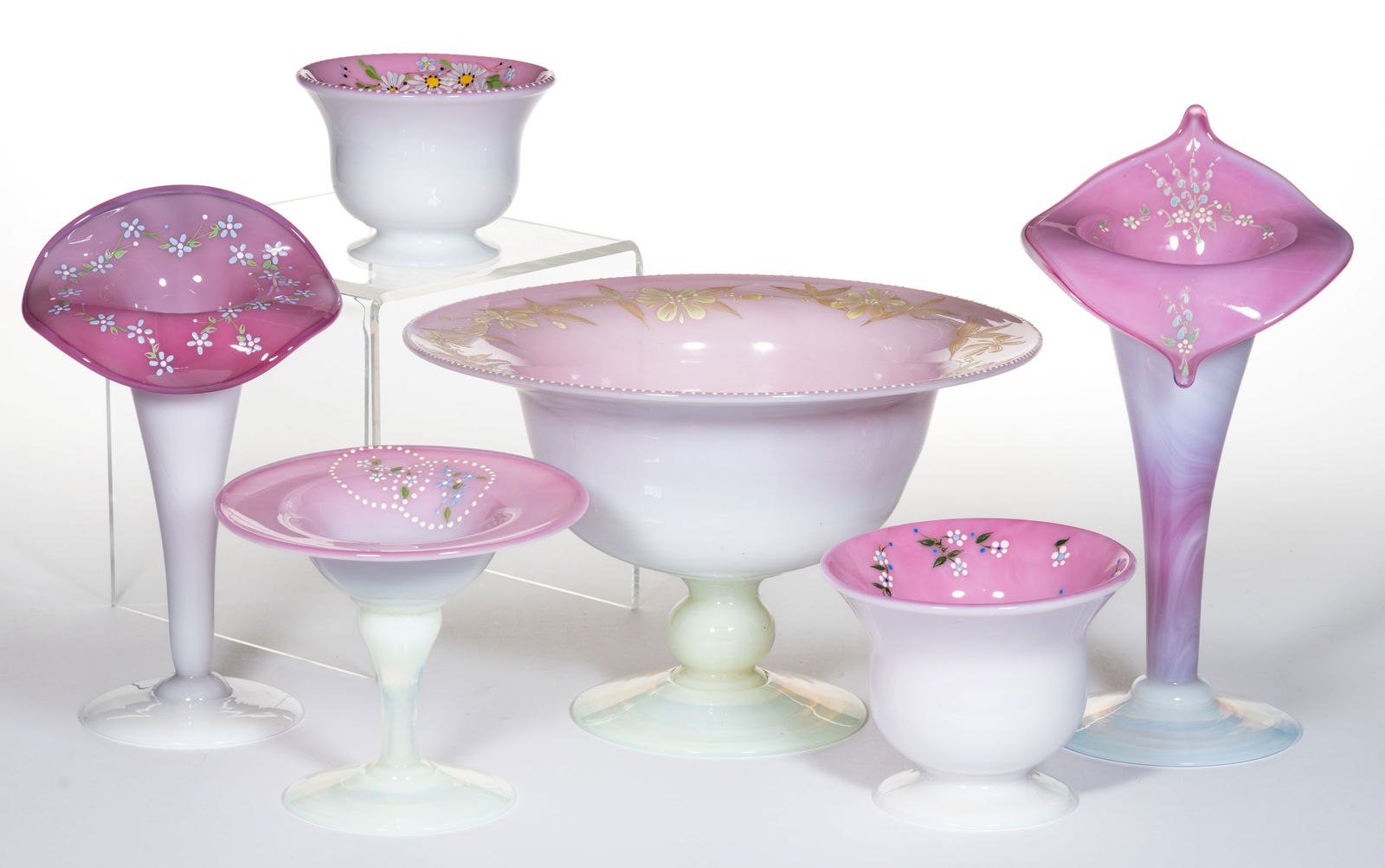 BRYDEN / PAIRPOINT PEACHBLOW ART GLASS BOWLS AND VASES, LOT OF SIX (1 of 1)