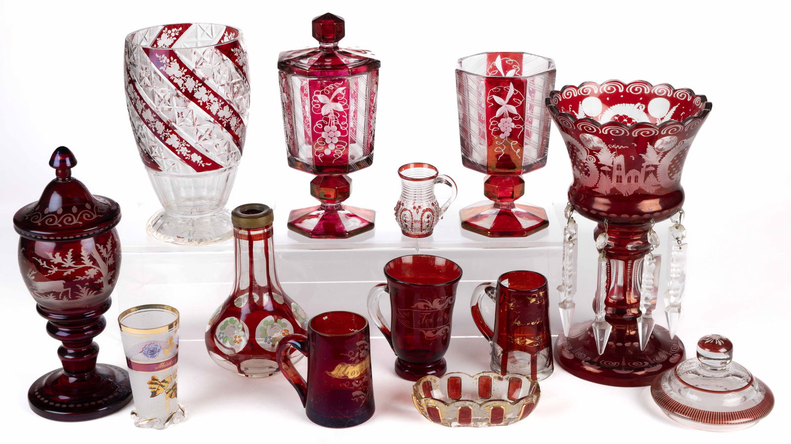 ASSORTED BOHEMIAN AND OTHER RUBY-STAINED ARTICLES, LOT OF 13 (1 of 1)