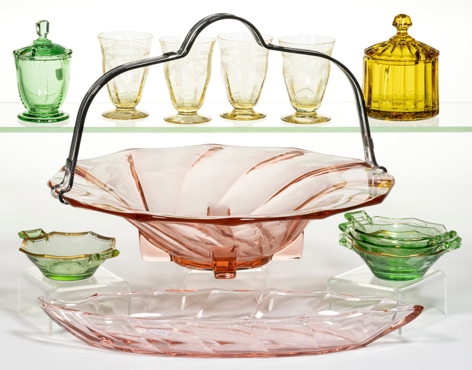 HEISEY AND OTHER ELEGANT GLASS ARTICLES, LOT OF 12: HEISEY AND OTHER ELEGANT GLASS ARTICLES, LOT OF 12, Flamingo, Moongleam, and other colors, including a Twist console bowl with removable chrome handle and a celery tray, an Empress covered mustard, et