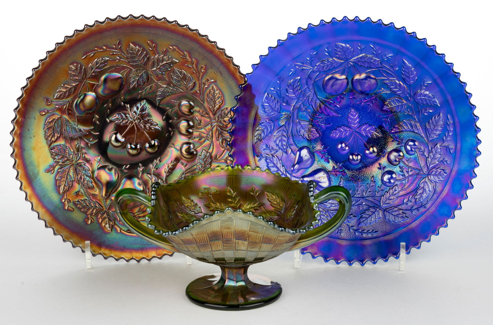 NORTHWOOD FRUIT PATTERN CARNIVAL GLASS ARTICLES, LOT OF THREE (1 of 1)