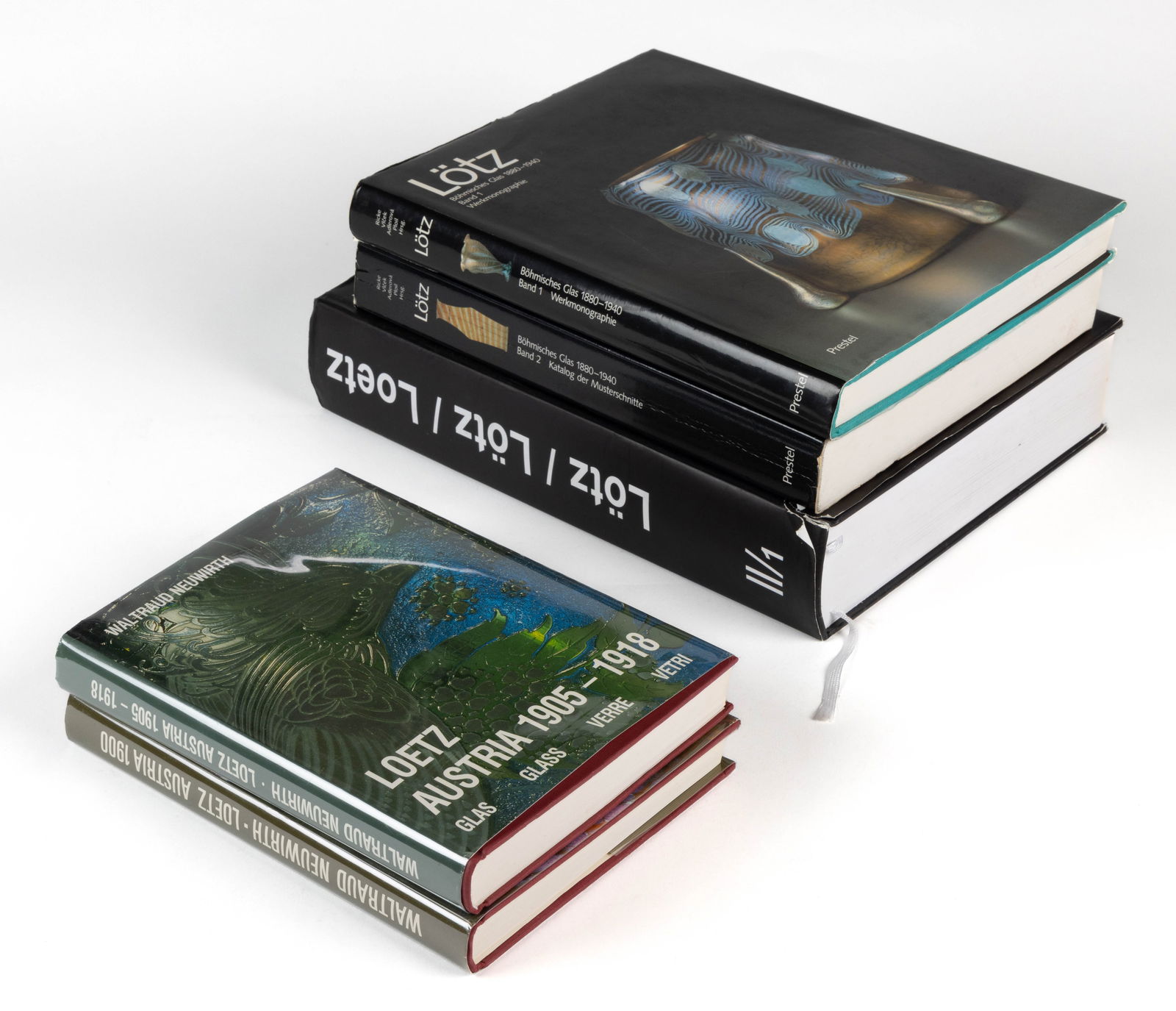 BOHEMIAN LOTZ / LOETZ ART GLASS REFERENCE VOLUMES, LOT OF FIVE: BOHEMIAN LOTZ / LOETZ ART GLASS REFERENCE VOLUMES, LOT OF FIVE, comprising Lnenickova, Loetz / Series II: Paper Patterns for Glass From 1900-1914, 903pp; Ricke, Lotz Bohmisches Glas 1880-1940, Band (V