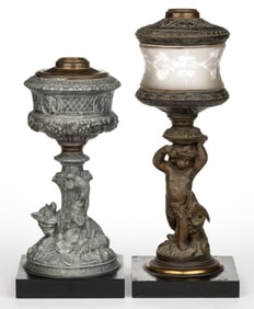 ASSORTED DIETZ AND BOSTON & SANDWICH MIXED-METAL FIGURAL-STEM KEROSENE STAND LAMPS, LOT OF TWO