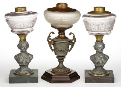 ASSORTED MIXED-METAL FIGURAL STEM KEROSENE STAND LAMPS, LOT OF THREE