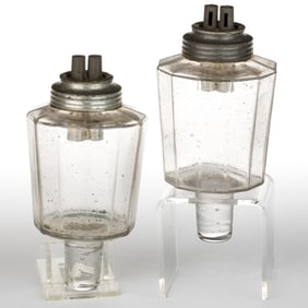 MOLD-BLOWN TWELVE-PANEL WHALE OIL PEG LAMP FONTS, PAIR
