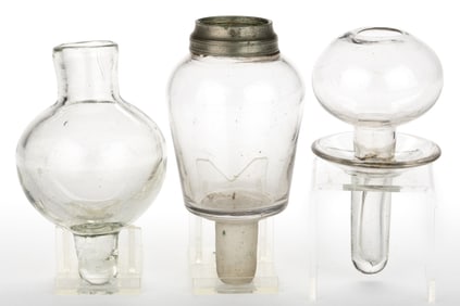 ASSORTED BLOWN WHALE OIL / FLUID PEG LAMP FONTS, LOT OF THREE