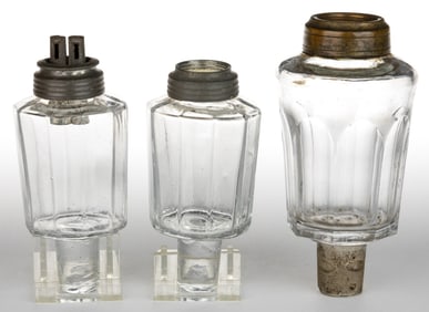 ASSORTED MOLD-BLOWN PANELED PATTERNED WHALE OIL / FLUID PEG LAMP FONTS, LOT OF THREE