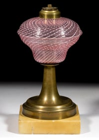 REEDED LATTICINIO STRIPE KEROSENE STAND LAMP