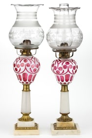 CUT OVERLAY TULIP KEROSENE STAND LAMPS, NEAR PAIR