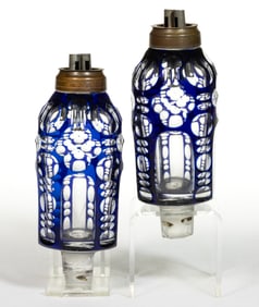 CUT OVERLAY OVAL AND QUATREFOIL WHALE OIL PEG LAMPS, PAIR