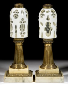 CUT OVERLAY STYLIZED QUATREFOILS AND OVALS KEROSENE STAND LAMPS, PAIR