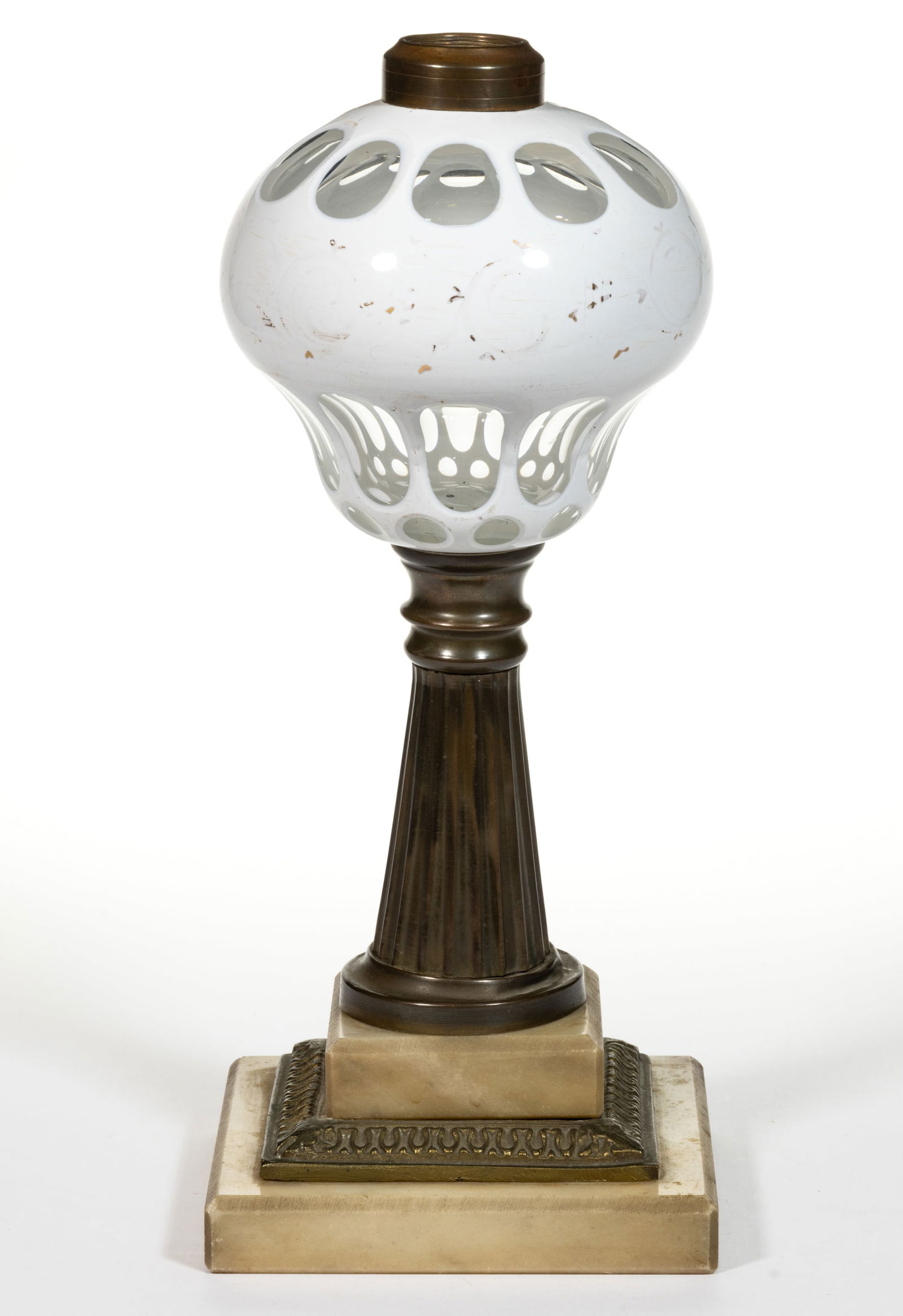 CUT OVERLAY PUNTY AND OVAL KEROSENE STAND LAMP (1 of 1)