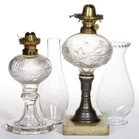 ASSORTED VINE PATTERNED KEROSENE STAND LAMPS, LOT OF TWO