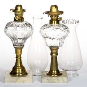 ASSORTED PATTERNED KEROSENE STAND LAMPS, LOT OF TWO