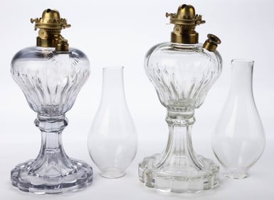 ATTERBURY PRISM FONT WITH PATENTED REFILL KEROSENE STAND LAMPS, NEAR PAIR