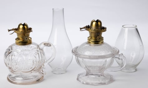 HOLMES, BOOTH & HAYDENS / ATWOOD LIP BURNER AND CHIMNEY SETUPS, LOT OF TWO