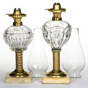 ASSORTED PRESSED GLASS PATTERNED KEROSENE STAND LAMPS, LOT OF TWO