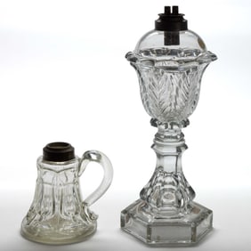 ASSORTED PRESSED GLASS WHALE OIL / FLUID LAMPS, LOT OF TWO
