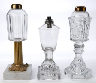 ASSORTED BLOWN AND PRESSED WHALE-OIL AND FLUID STAND LAMPS, LOT OF THREE