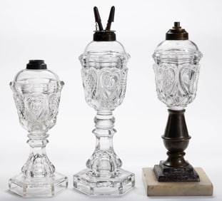 PRESSED SANDWICH HEART KEROSENE / FLUID STAND LAMPS, LOT OF THREE