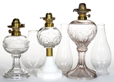 ASSORTED ATTERBURY & CO. PATTERNED KEROSENE STAND LAMPS, LOT OF THREE