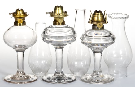ASSORTED BLOWN AND BLOWN-MOLDED KEROSENE STAND LAMPS, LOT OF THREE
