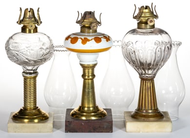 ASSORTED PATTERN KEROSENE STAND LAMPS, LOT OF THREE