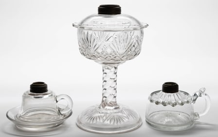 ASSORTED PATTERNS WITH DRIP CATCHER KEROSENE LAMPS, LOT OF THREE