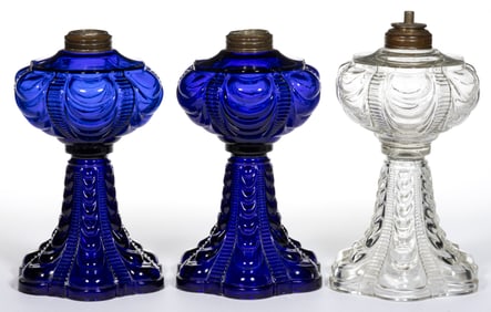 COOLIDGE DRAPE / BELLEVUE (OMN) KEROSENE STAND LAMPS, LOT OF THREE