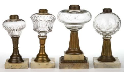 ASSORTED PATTERNED KEROSENE STAND LAMPS, LOT OF FOUR