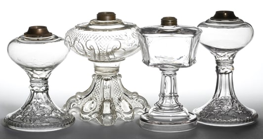 ASSORTED PATTERNED KEROSENE STAND LAMPS, LOT OF FOUR