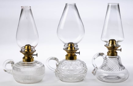 ASSORTED PATTERNED KEROSENE FINGER LAMPS, LOT OF THREE
