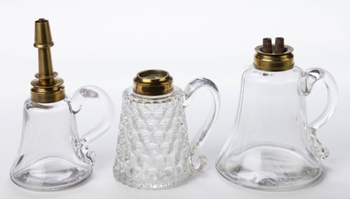 ASSORTED MOLD-BLOWN AND PRESSED WHALE-OIL AND FLUID FINGER LAMPS, LOT OF THREE