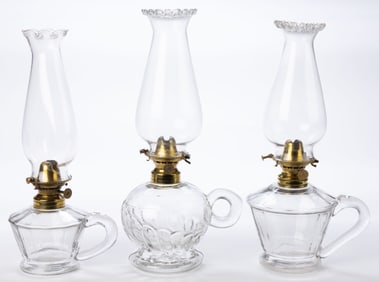 ASSORTED ATTERBURY & CO. PATTERNED KEROSENE FINGER LAMPS, LOT OF THREE